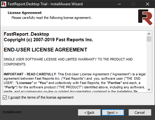 FastReport Desktop Install wizard. Second step