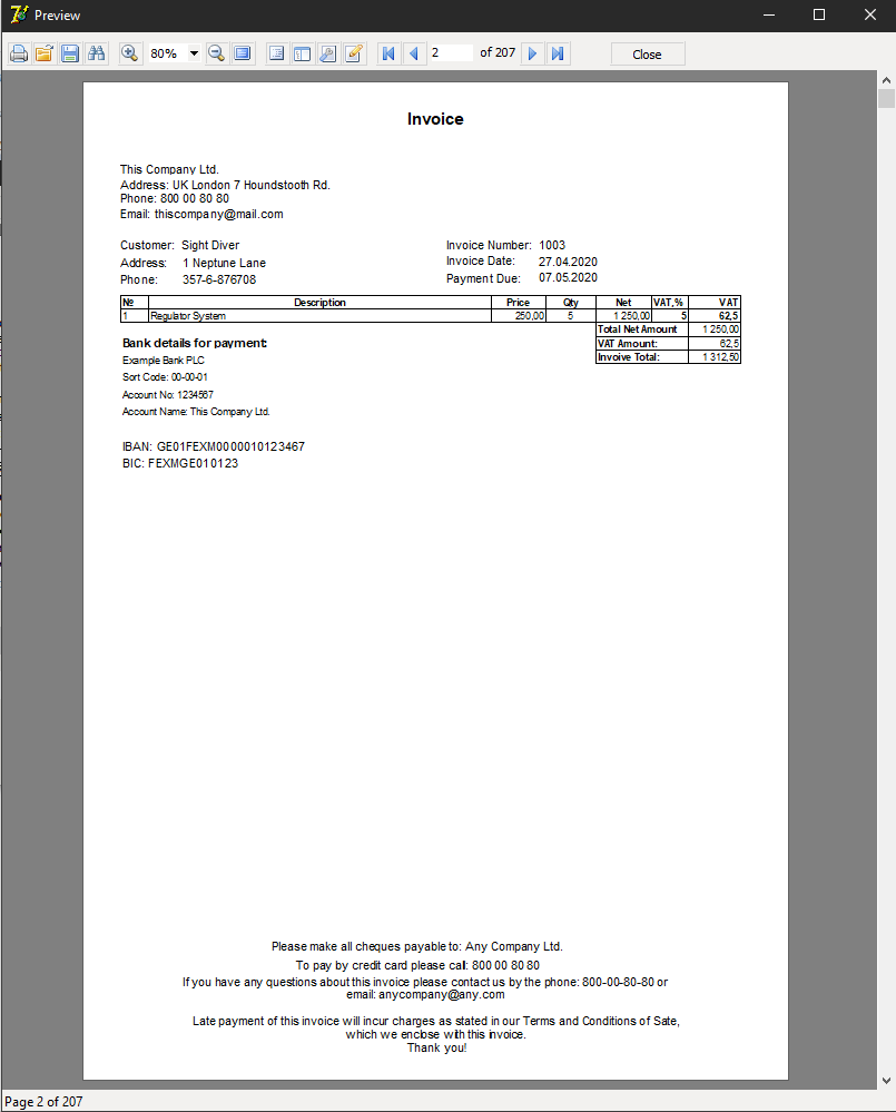 Invoice showed in the report