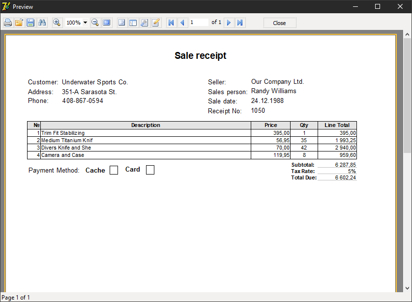 The report with sales receipt