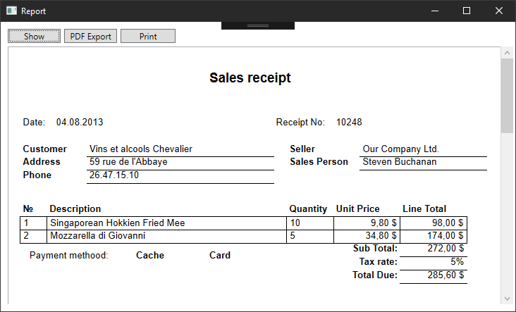Sales receipt in the WPF application